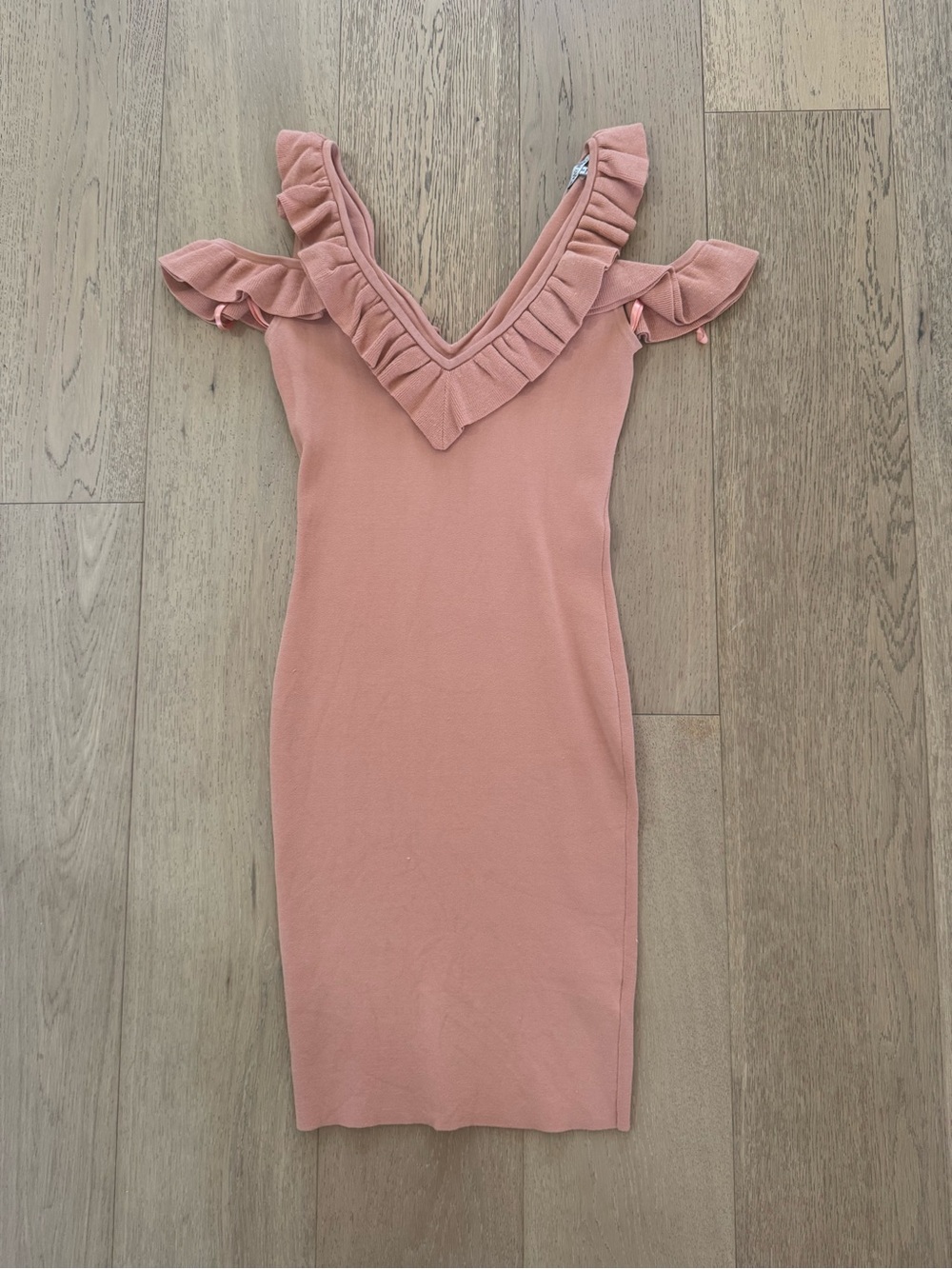 Ronny Kobo Y2K Ruffled V-Neck Knot Soft Girl Peach Coquette sheath Midi Dress - Picture 3 of 6